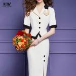 Women's Long Vintage Black and White Two-Piece Skirt Pant Coat Suit for Formal