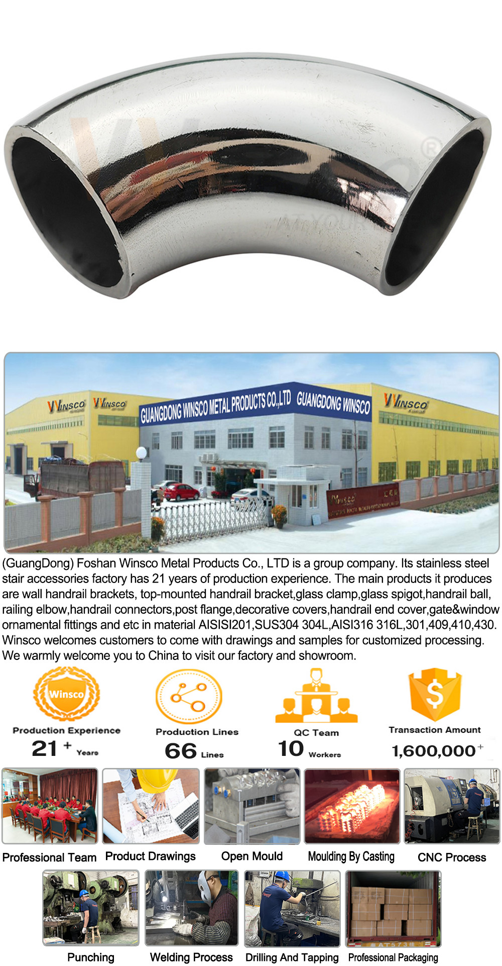 55mm Arc Length 19.1mm OD Stainless Steel Railing Elbow 201 304 316 Grade Inox Handrail Accessories