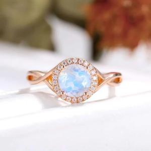 China 925 Sterling Silver Natural Gemstone Jewelry Round Faceted Rainbow Moonstone Engagement Ring factory