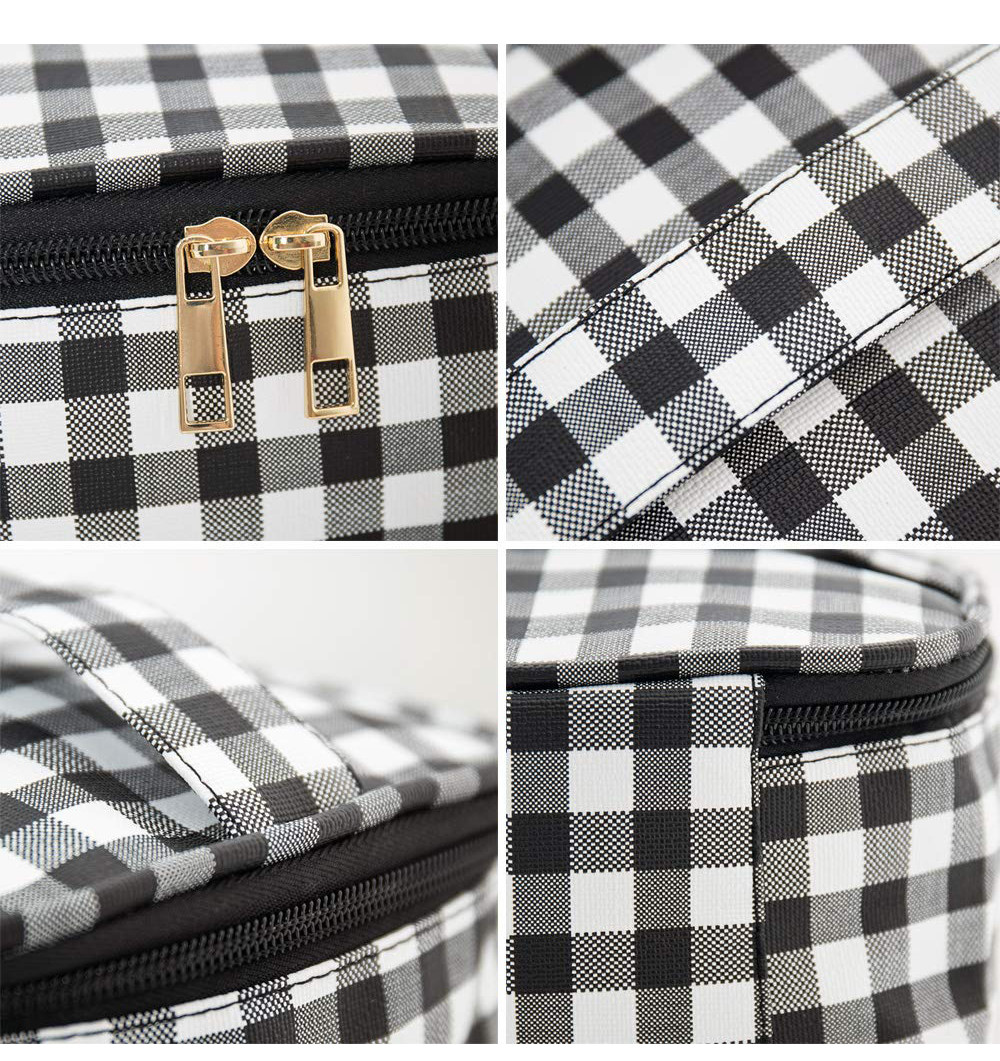 3pcs Black White Plaid Polyester Waterproof Makeup Bag