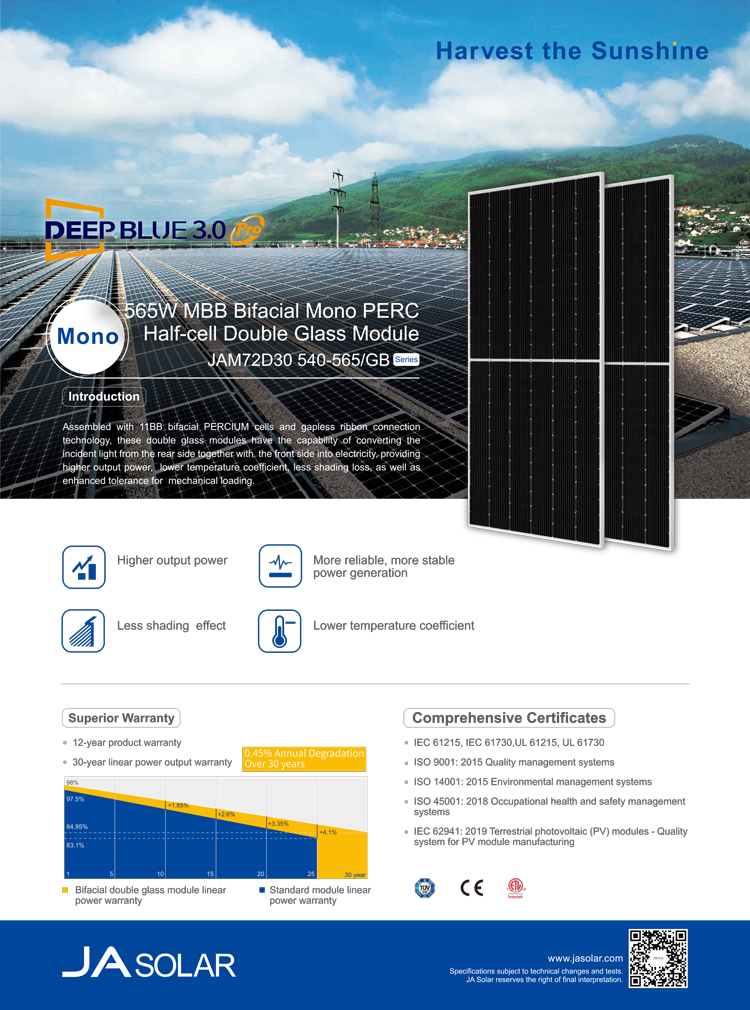 JAM72D30-550/GB JA Solar Mono Panel 144 Cells 550W 545W 560W For Home