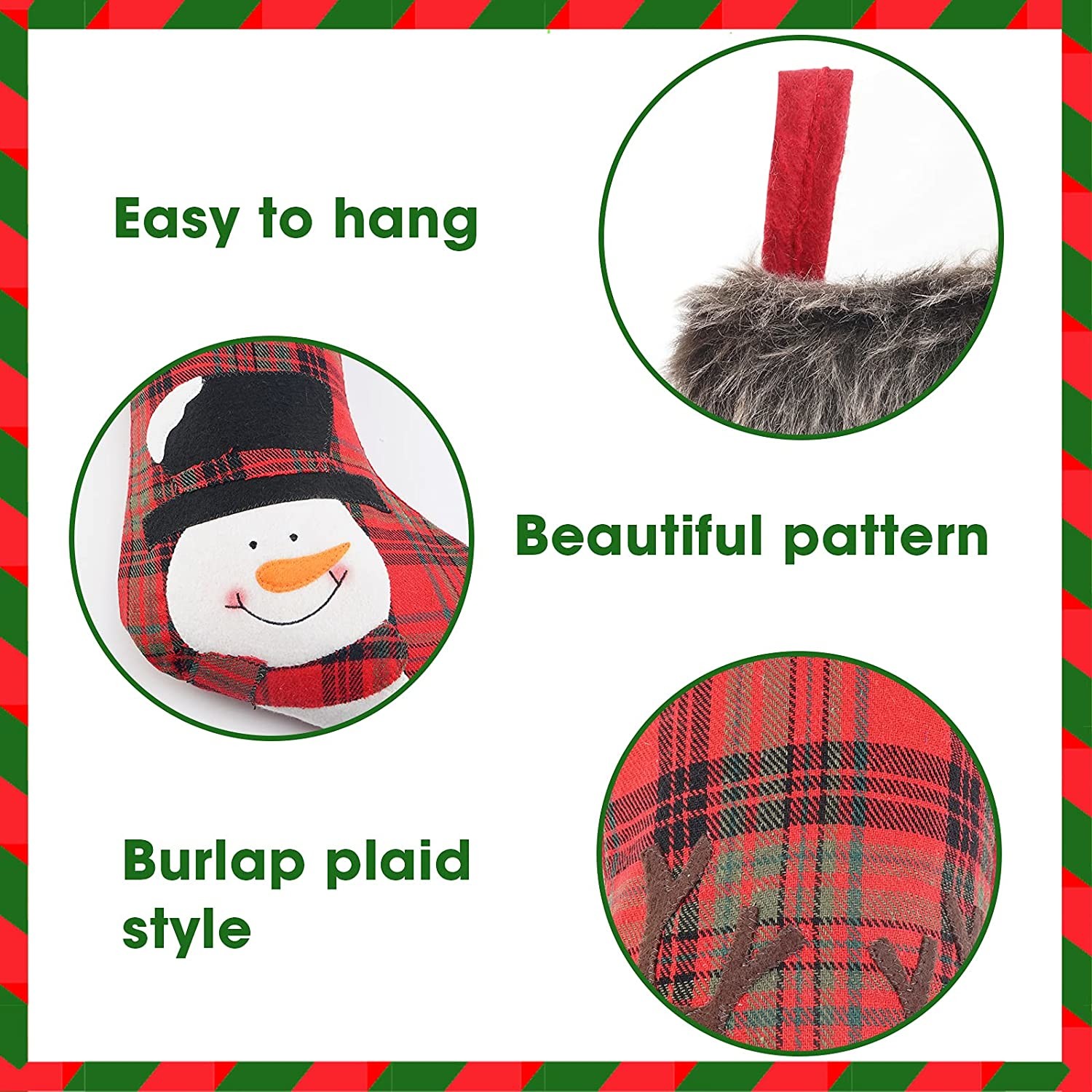 Christmas Stockings, 4 Pack 19'' Xmas Stockings with Penguin Santa Snowman Reindeer and Plush Faux Fur Cuff Family Pack