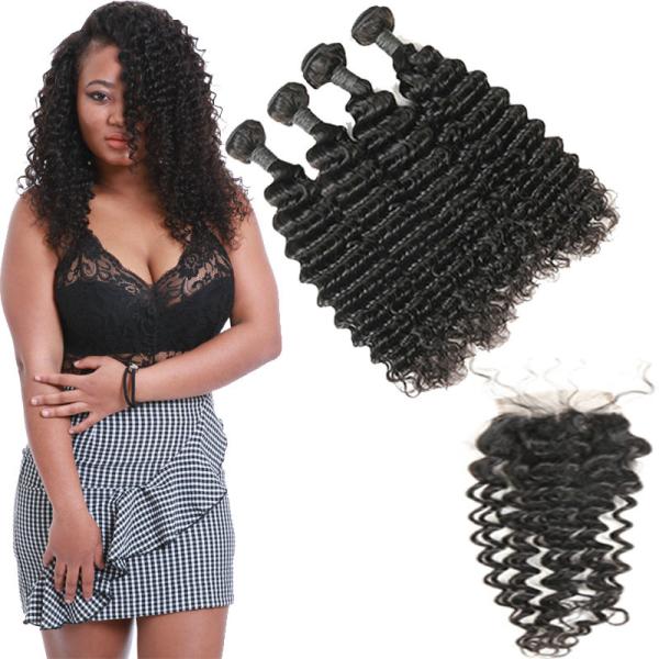 Unprocessed Authentic Brazilian Hair Extensions 4 Bundles With 4 * 4 Lace