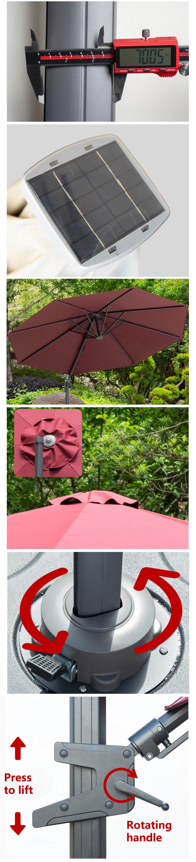 Outdoor Furniture Must-Have Large Aluminium Hand Crank Umbrella with Solar LED Lights