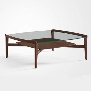 China Oak Veneer Square Glass Coffee Table With Wood Base Matt Finish factory