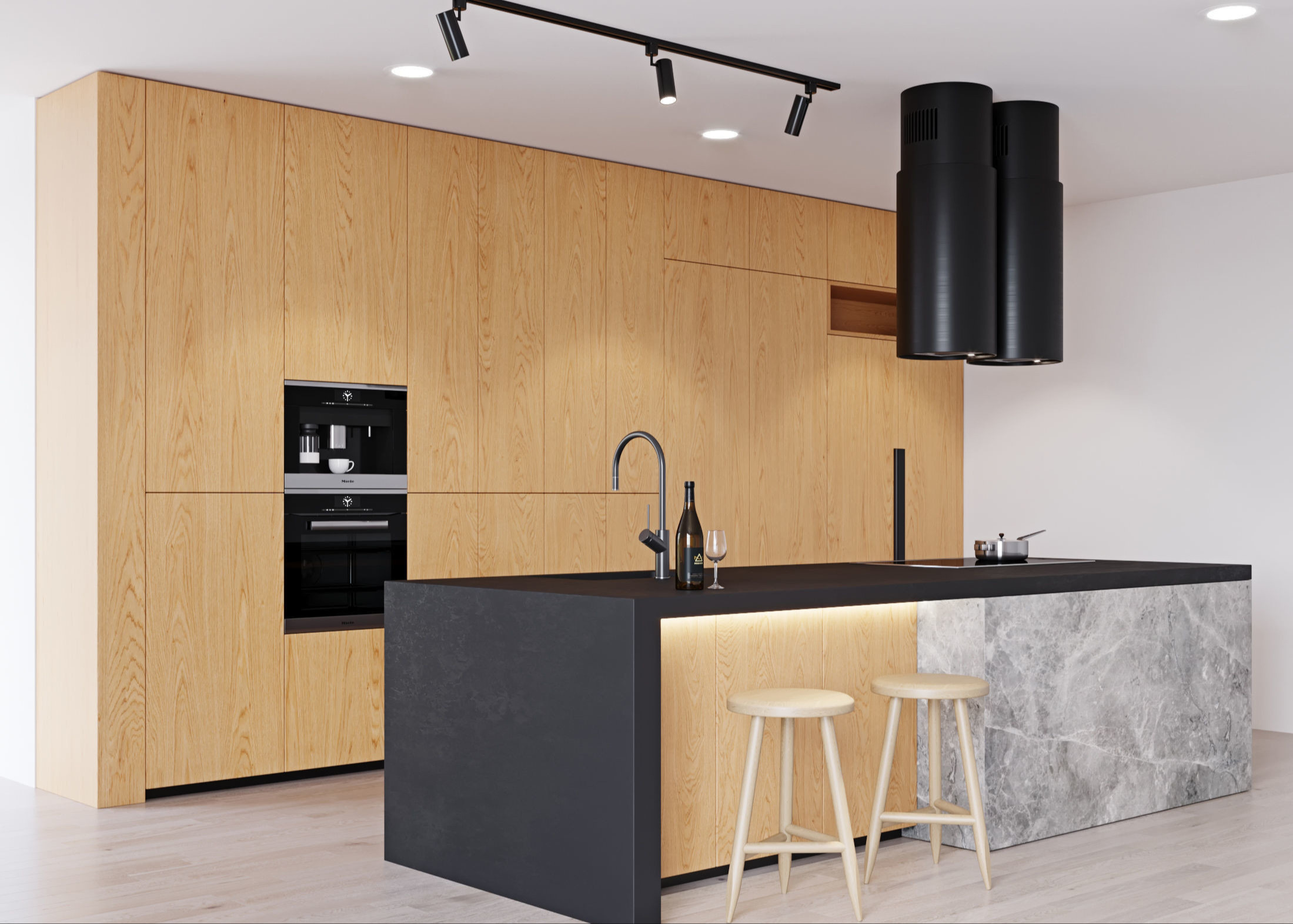 Modern Modular Kitchen cabinets with Island bar and black quartz stone countertop