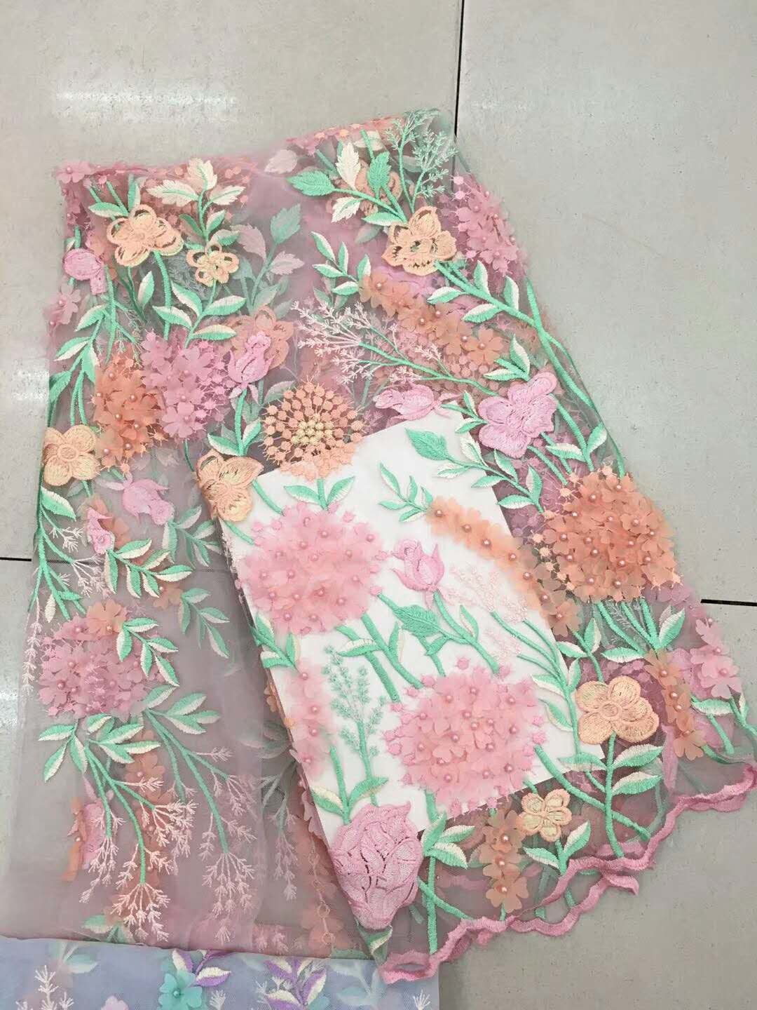 Bead Embroidered Lace Fabric, Scalloped Multi Color 3D Flower Lace Fabric For Dress