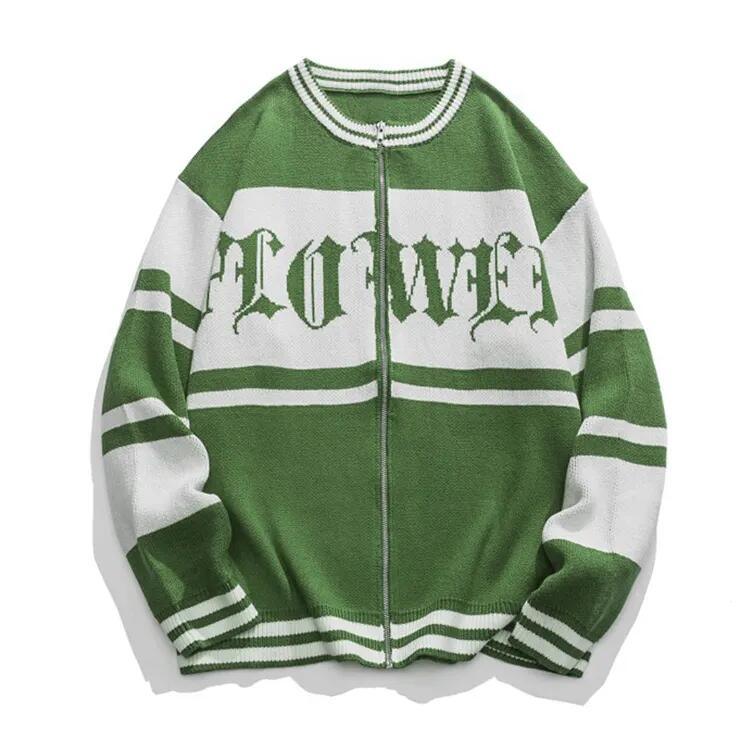 Men&prime;s Knitted Zipper Cardigan Partial Jacquard Letter Craft Pocket Long Sleeve Knitted Coat Sweaters