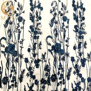 China Navy Blue 3D Floral Embroidery Lace Fabric For Evening Party Dress factory