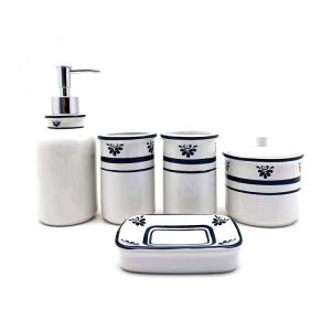 China 7.6X19.5CM Ceramic Bathroom Accessories Set Blue Decal Print White Ceramic Soap Dispenser factory