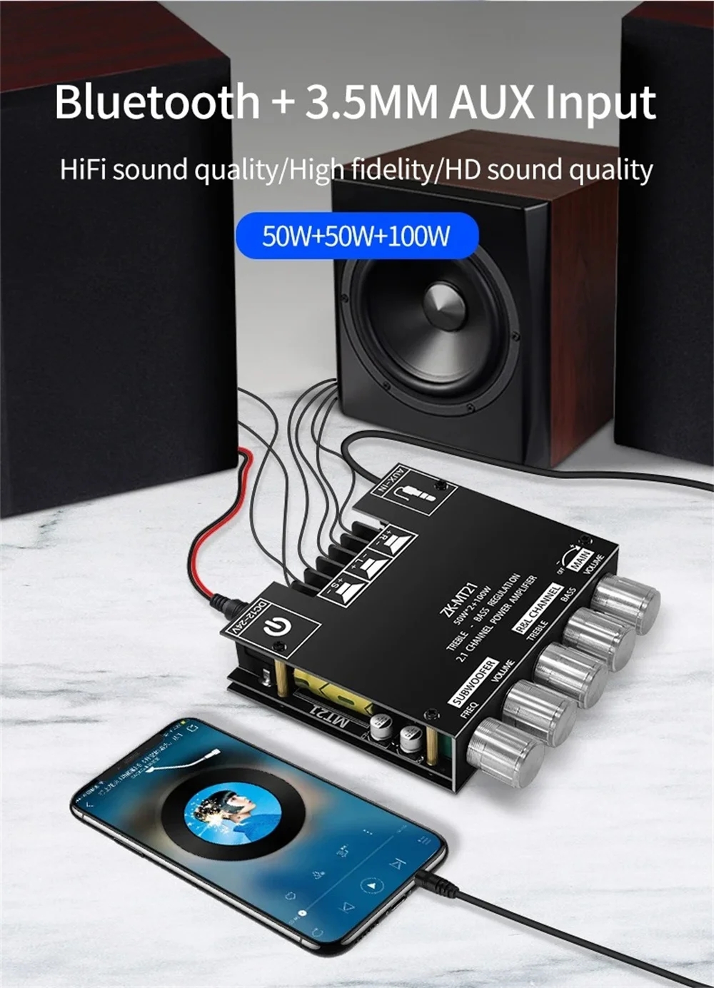 ZK-MT21 HiFi Digital Power Amplifier Board 100W+2*50W 2.1 Channel Subwoofer AUX 12/24V Audio Stereo 5.0 Amp ZK-MT21