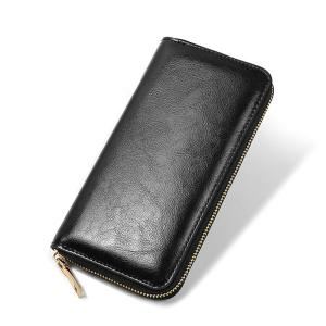 China Double Zipper Design Men's Genuine Leather Long Wallet Luxury Purse with Nylon Lining factory
