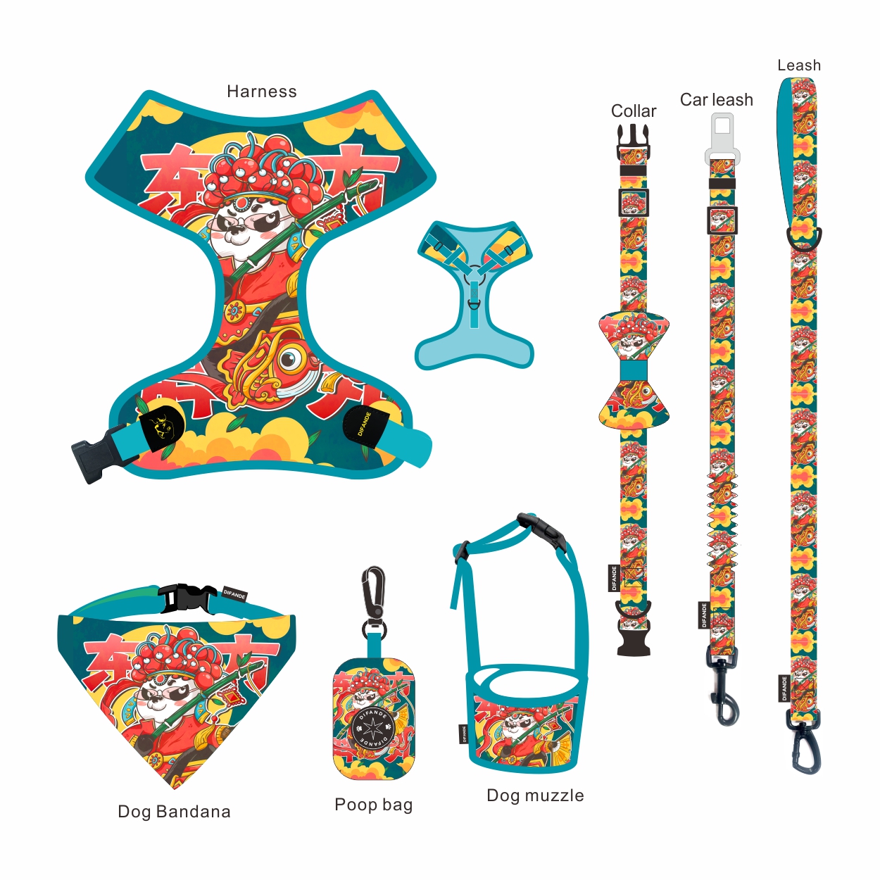 7 In 1 Collar Leash Harness Set OEM Dog Bandana Set With Matching Collar Leash