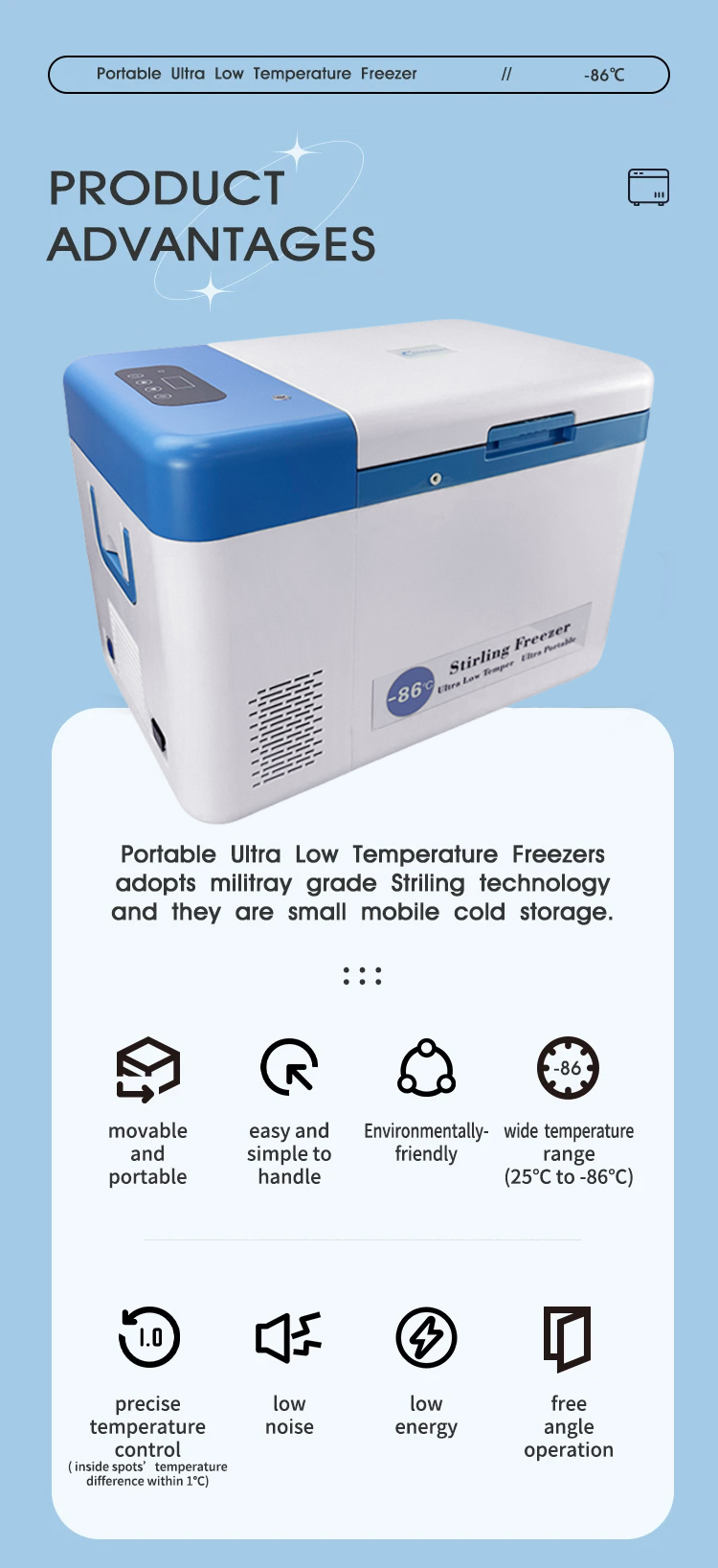 Lab 25L Single-Temperature Deep Chest Storage Cold Fridge with Free Piston Stirling Cooler