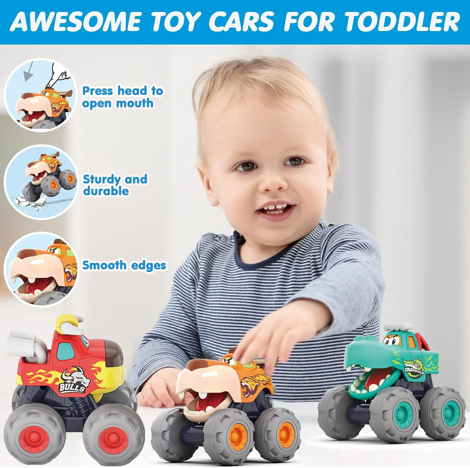 No Battery 3 Pack Friction Powered Pull Back Toy Cars Set for 1 2 3 Year Old Boys