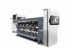 China 380V/50HZ/3PH Pressure Free Corrugated Cardboard G6-1224 Feed Structure Lead Edge Vacuum Transfer 4 Color Printer + Slotter + Die Cutter + Vibrator + factory