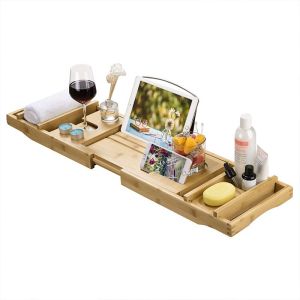 Extendable Sides Luxury Bamboo Bathtub Caddy Trays for Books Tablets and Wine