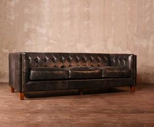 China Brown Leather Sofa Upholstery Genuine Black Leather Solid Wood Tufted Couch factory