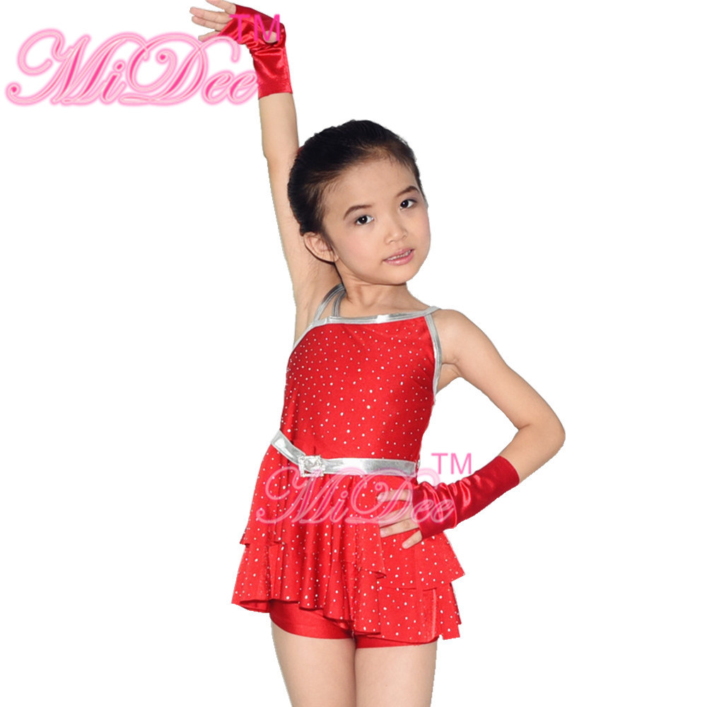 Diagonal Neck Kids Dance Costumes Pink Blue Red Confetti Spandex Outfits