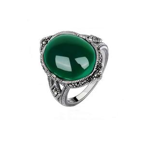 China 925 Silver with Oval Green Agate Vintage Marcasite Ring (R121404) factory