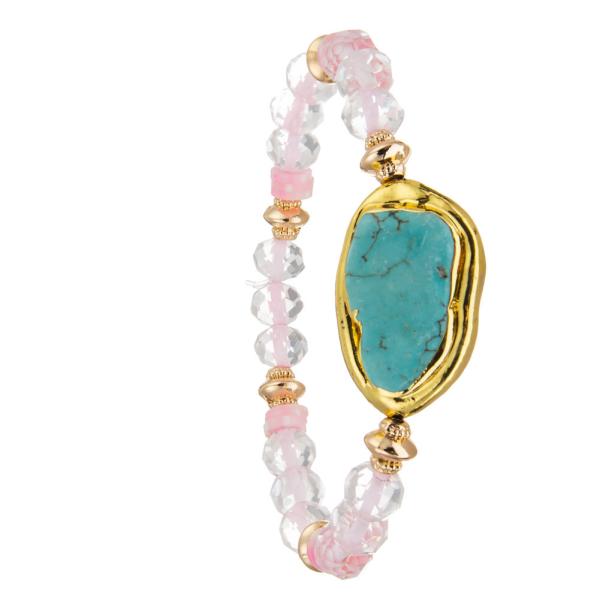 White Transparent Faceted Beads Bracelet With Gold Plated Irregular Turquoise