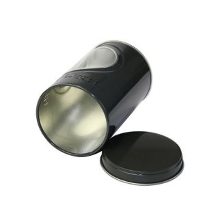 Embossed Black Tins Round Tin Box with Clear Window on Body Decorative Tin