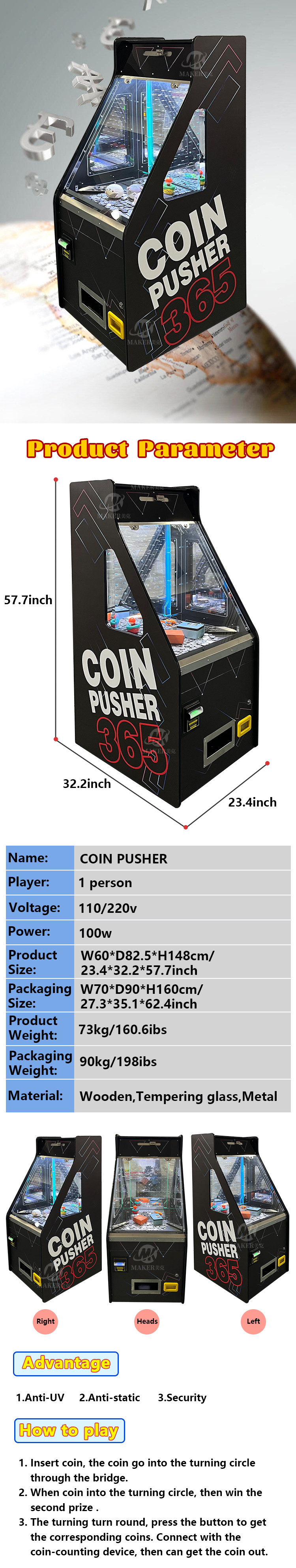 Amusement Wooden Arcade Coin Pusher Machines For Mall