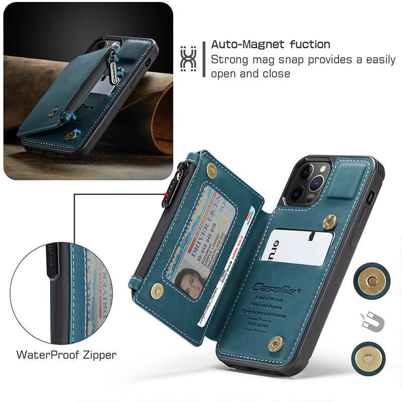 PU Leather Wallet Cover for iPhone 14 15 Pro Max Zipper and Card Slot Closure