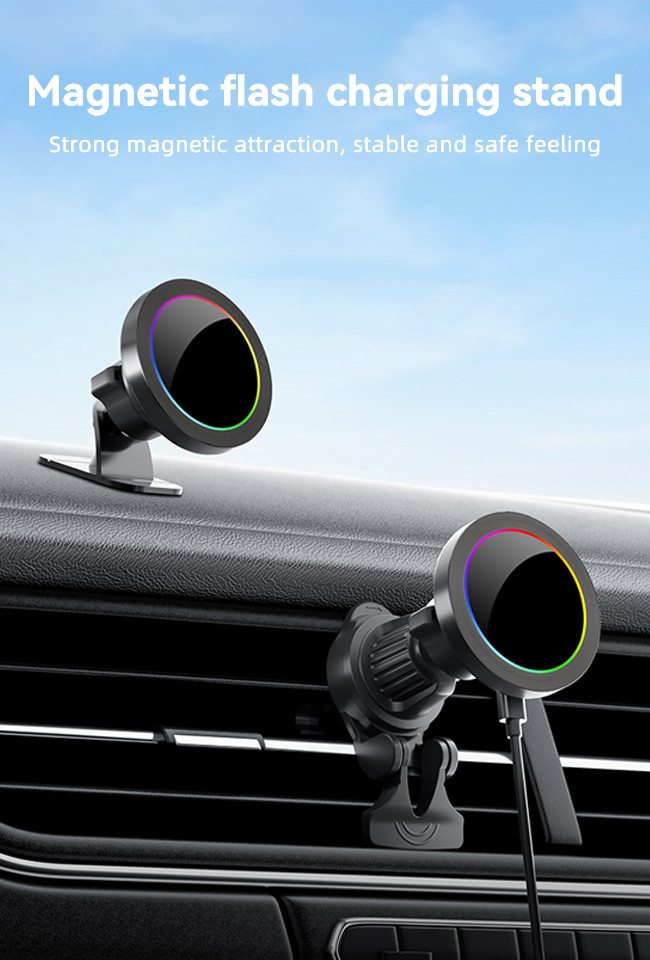 Adjustable RGB Light Effect 15w Wireless Charger For Car Phone Holder With Aluminium Alloy Texture