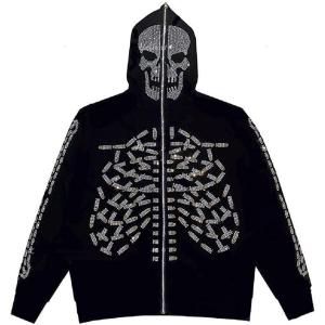 China 800 grams Hooded Zip Up Sweatshirt Men's Gothic Rhinestone Skull Graphic Print Jacket factory