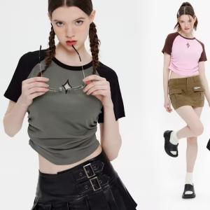 China Customized American Retro Street Stitching Contrast Color Y2K T-Shirt Summer for Women factory