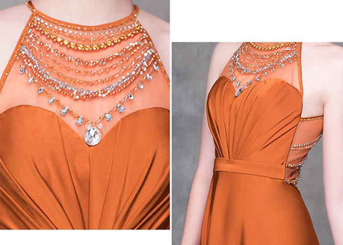 Orange A Line Ball Gown Colorful Heavy Beading Floor Length See Through Style