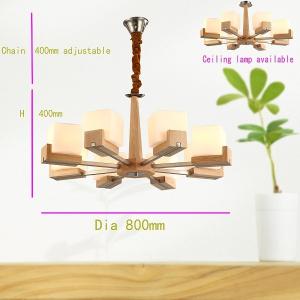 China 8 arms Oak wood pendant lamp wood chandelier lighting with glass shade nickel finishing factory