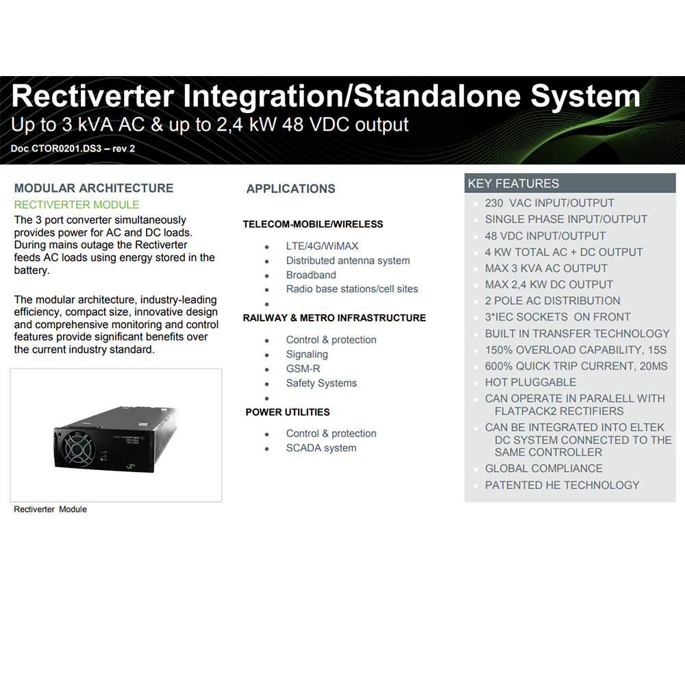 3kVA 1phase 48VDC Eltek Rectiverter 1U DC Power System For Telecom 4G Railway Power Utilities