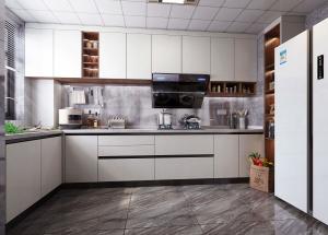 China Factory Direct Supply Matt Lacquer Finish Laminate Kitchen Cabinets with Quartz Countertop factory