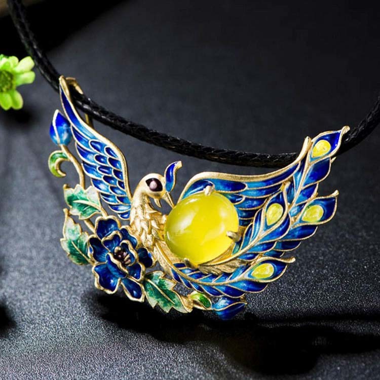 Gold Plated Fashion Enamel Phoenix Pendant Necklace with Silver Chain 18 inches(P6050602)