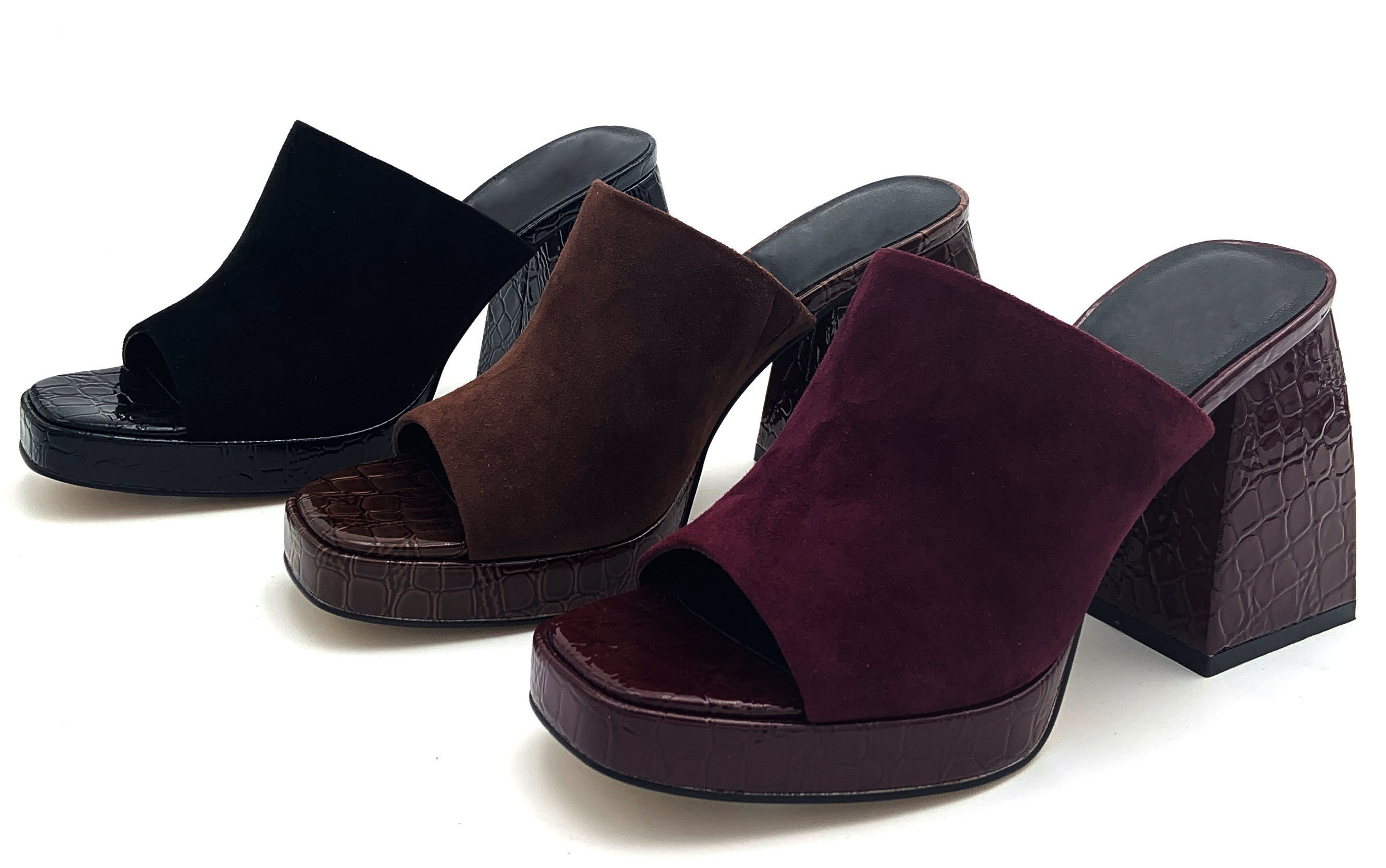 Comfortable Block Heeled Mules in Modest Crocodile Textured Vegan Leather