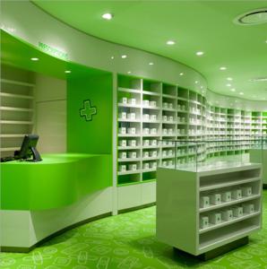 China Fashionable Pharmacy Display Cabinet , Green Retail Pharmacy Shelving Multi Combination factory