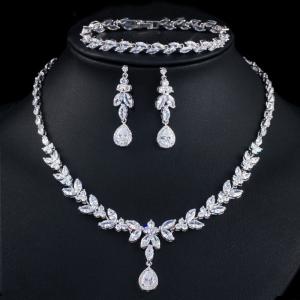 China Silver Necklace Jewelry Set Necklace Earrings Jewelry Dainty Bridal Cz Waterdrop Wedding Ring Jewelry Set factory