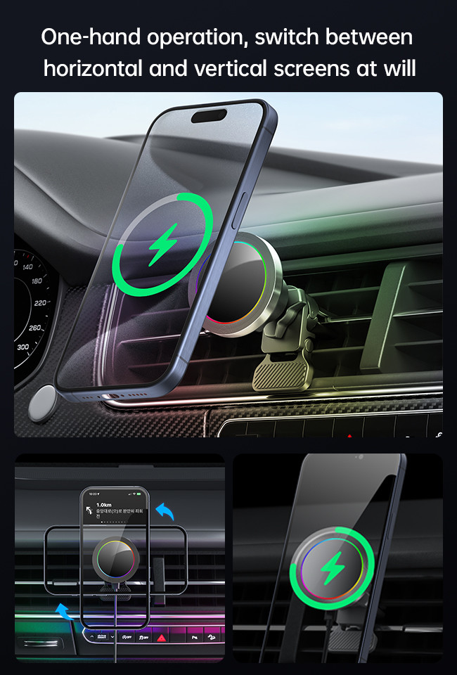 Iphone Car Charger Ultra Small Diameter Magnetic Wireless Charger Car Mount Aluminium Alloy Texture RGB Light Effect