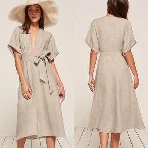 China Bohemian Clothing Women Kimono Style V neck Maxi Linen Dress factory