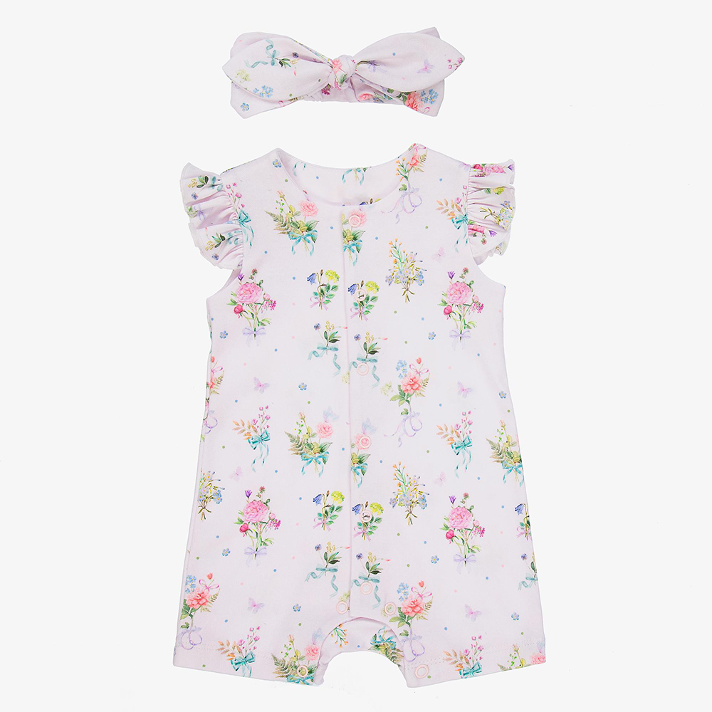 2pcs Sets Baby Cute Casual Summer Breathable Allover Flower Printed Falbala Sleeve Baby Jumpsuit