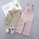 Girls Outfit Sets Bubble Sleeve Shirt Shoulder Band Lapel Pink Denim Overalls