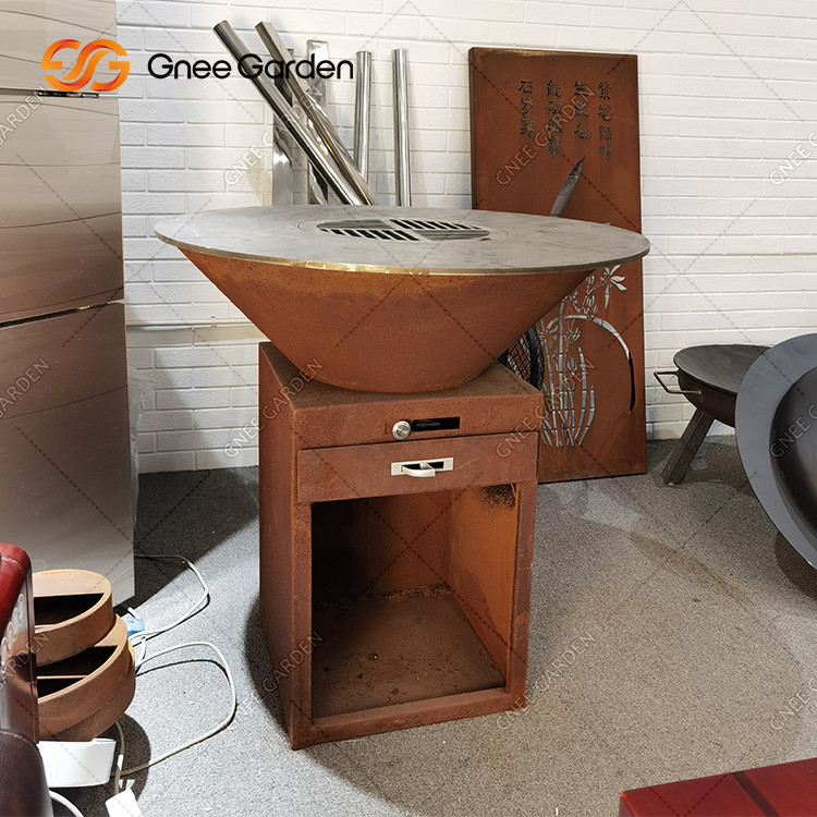 Outdoor Cooking Grills Corten Steel Fire Pit With BBQ Grill Rust Coating Eat Outside