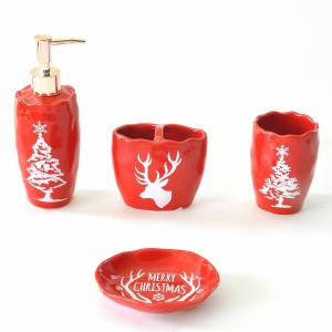 China Red Color Ceramic Bathroom Set With Christmas Trees Deer Pattern factory