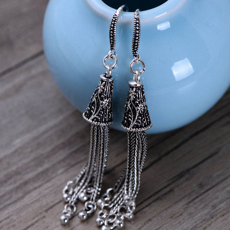 Retro Women Jewelry Black 925 Silver Tassels Drop Earrings(053715)