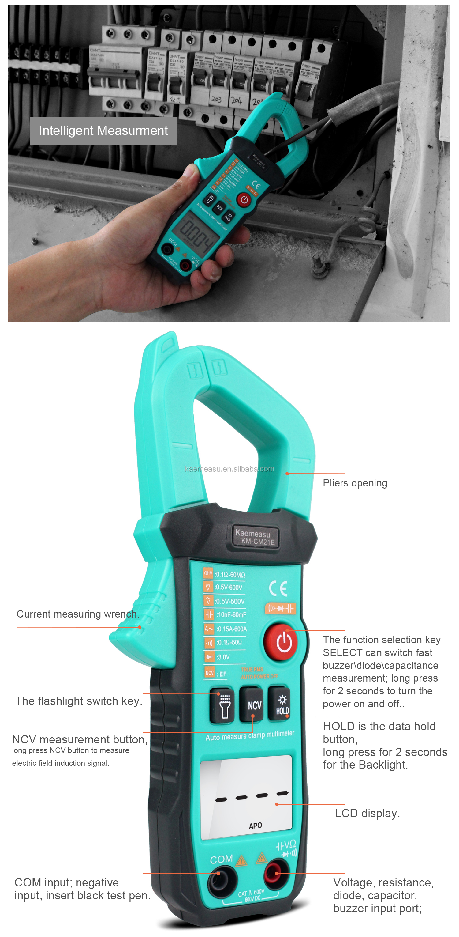 NCV Function Digital Digital Multimeter Clamp Meter with 60A/600A Measuring Current Range