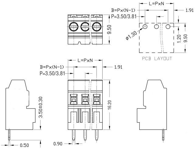 HQ128H-3.5/3.81 Pitch Screw Type Terminal Block 300V/10A Quick PCB Connector