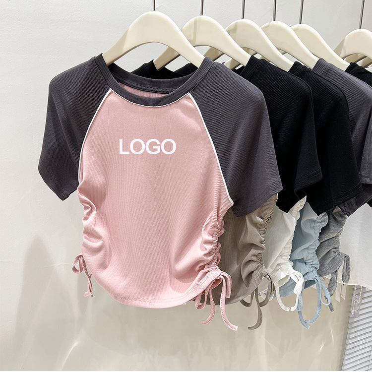 Custom Y2K Ribbed Cotton Contrast Color Crop Top Ruched Drawstring Short Sleeve Women