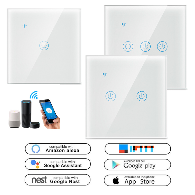 White 10A Wifi Wall Touch Switch 1 Gang Smart Light Switch With Remote Control